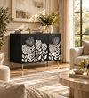Handcrafted Black & White Bone Inlay Buffet Cabinet with 3 Doors & 3 Drawers – Luxury Floral Sideboard for Living & Dining Room