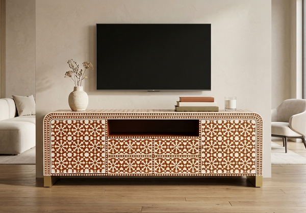 Handcrafted orange and white bone inlay TV unit media cabinet with 2 doors 4 drawers and open shelf