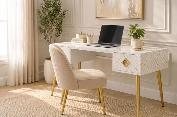 Handcrafted white bone inlay 2 drawer work desk with golden tapered legs and decorative brass knobs in a luxury home office