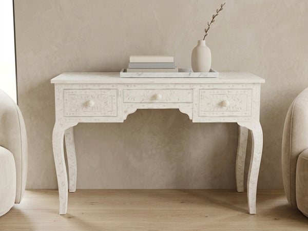 White bone inlay 3 drawer console table with handcrafted floral design
