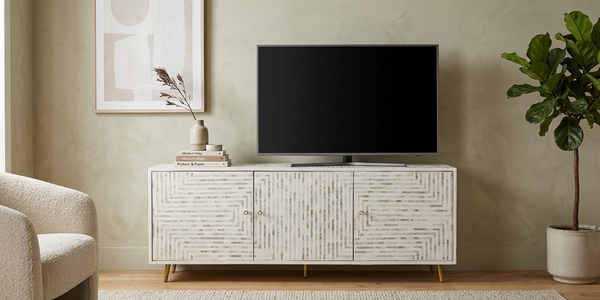 Handcrafted white Mother of Pearl inlay 3 door TV unit media cabinet with geometric pattern and brass-tone legs