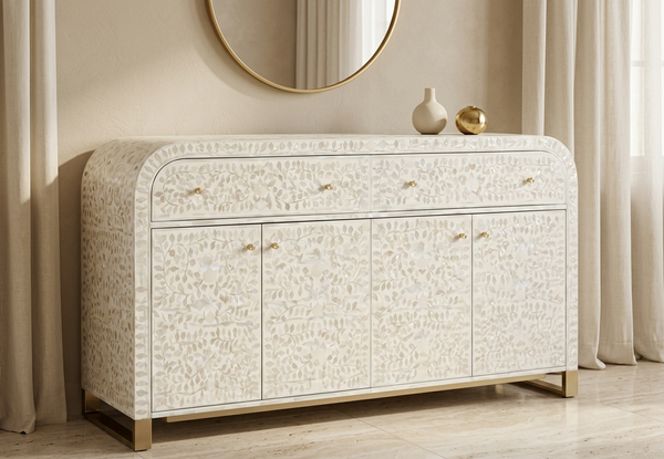 Handmade white Mother of Pearl inlay U-shaped buffet cabinet with 2 drawers and 4 doors